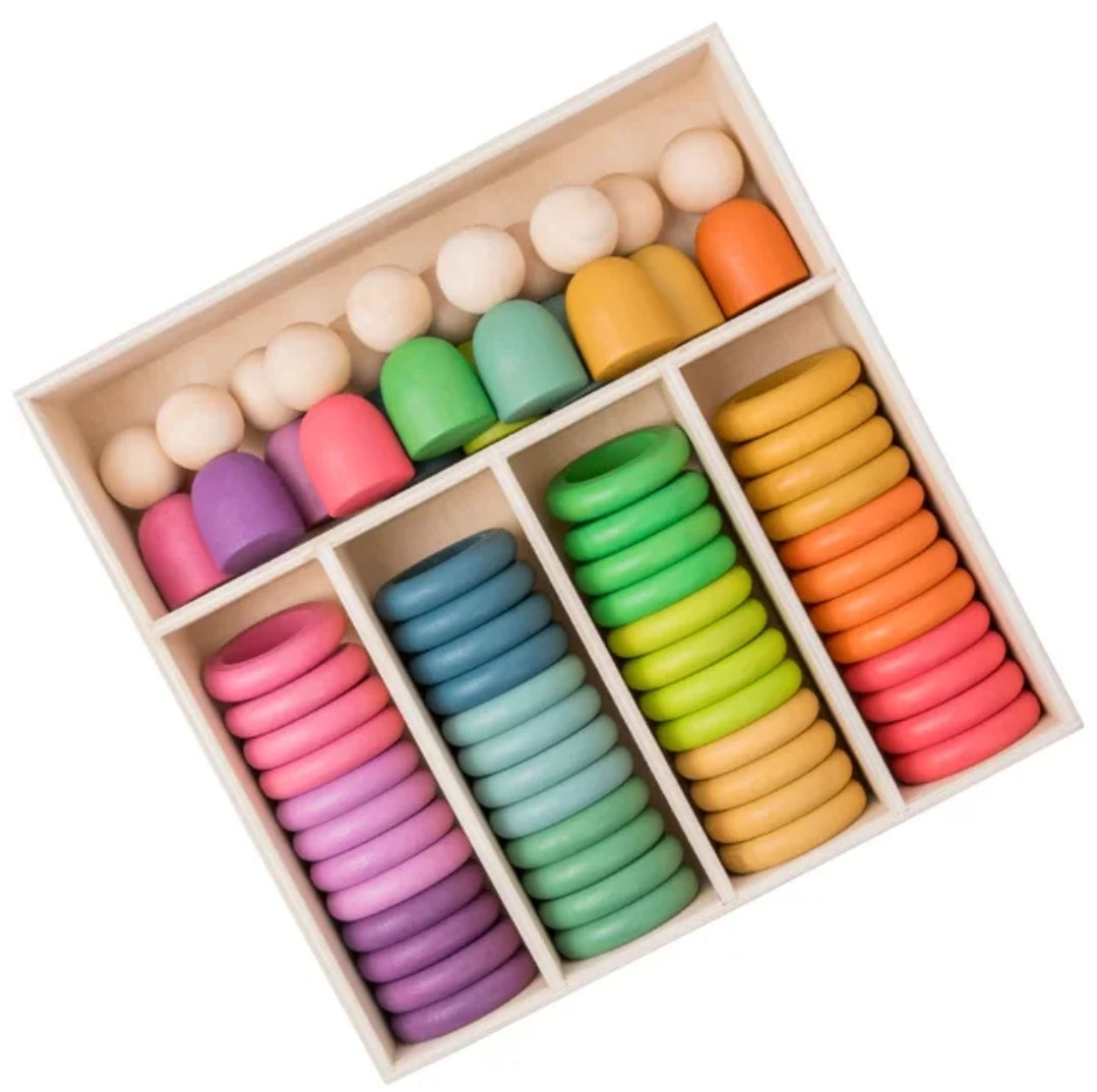 Wooden Rainbow Sensory Peg People, Coins and Rings