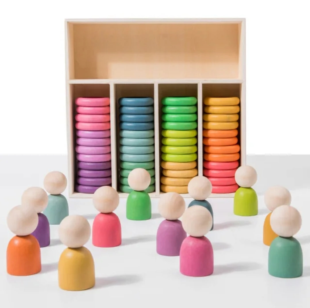 Wooden Rainbow Sensory Peg People, Coins and Rings