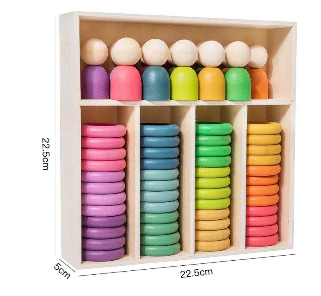 Wooden Rainbow Sensory Peg People, Coins and Rings